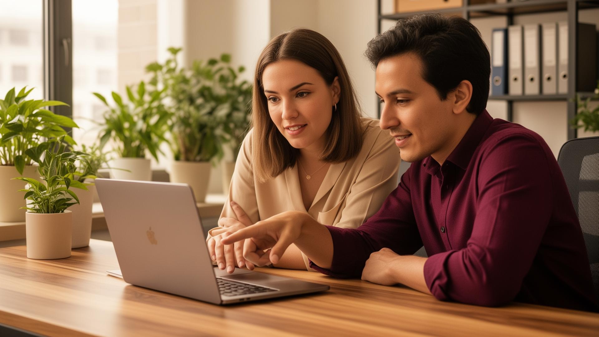 Two colleagues collaborating around a laptop at a Twincrest desk