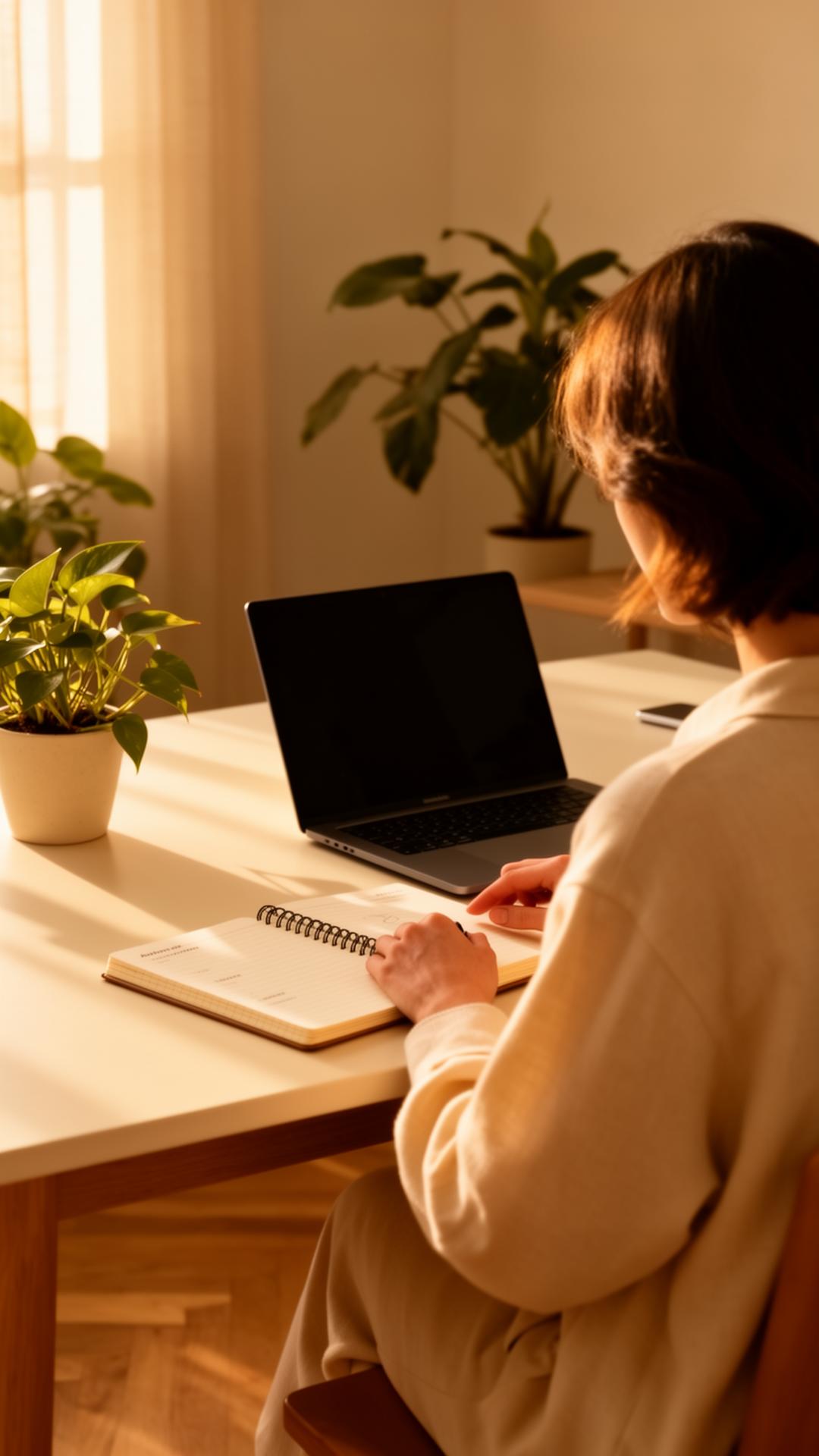 A focused employee writing in a notebook at a sunlit home desk