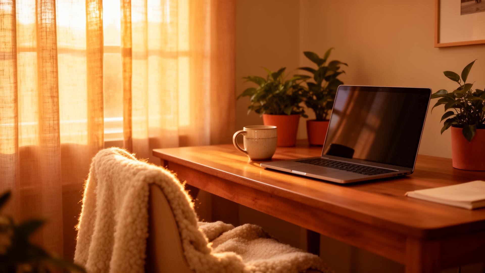 A sunlit home office with a laptop, ceramic mug and plants